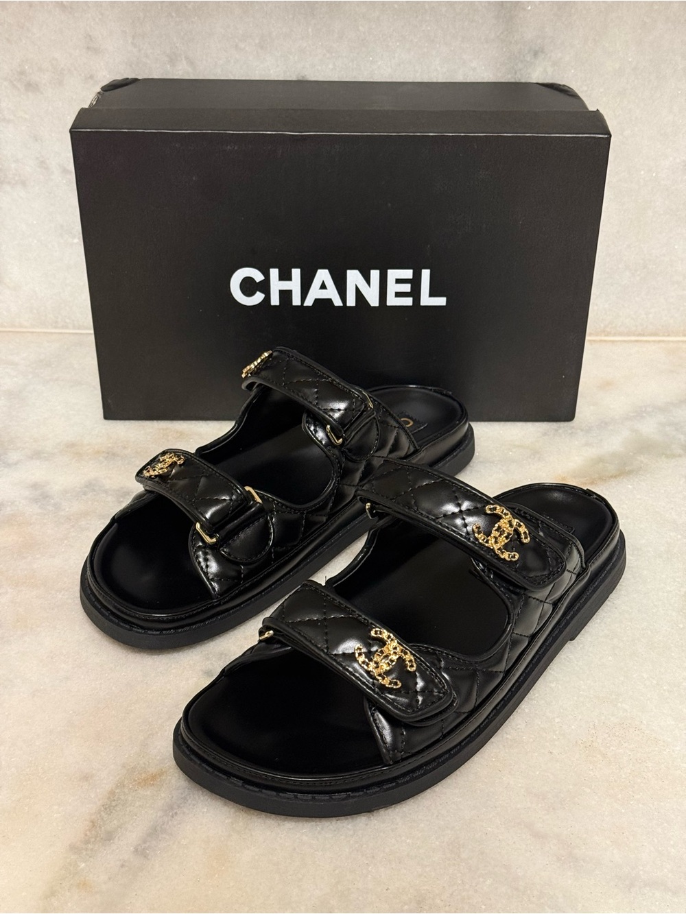 CHANEL Black Quilted Leather Slide Sandals with Gold CC Accents